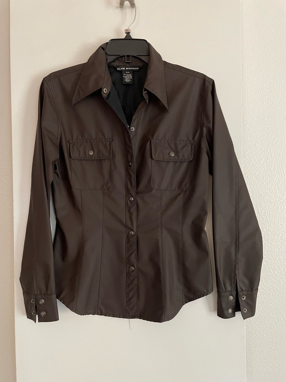 Club Monaco Faux Leather Button Up Shirt Coat Jacket Shacket Brown NWOT